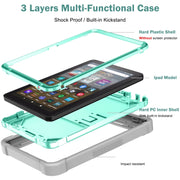 Silicone + PC Holder Shockproof Tablet Case For Amazon Kindle Fire HD 8 2022 / 2020 / HD 8 Plus 2020(Mint Green+Grey)