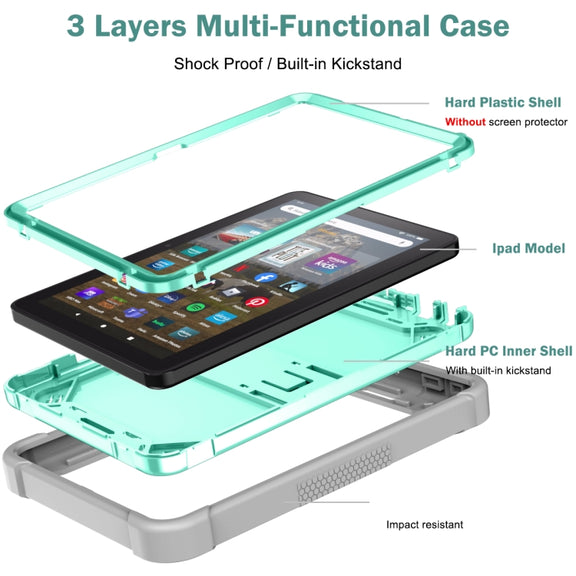 Silicone + PC Holder Shockproof Tablet Case For Amazon Kindle Fire HD 8 2022 / 2020 / HD 8 Plus 2020(Mint Green+Grey)
