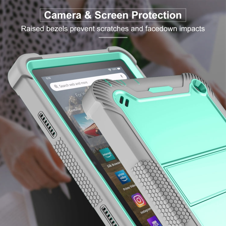 Silicone + PC Holder Shockproof Tablet Case For Amazon Kindle Fire HD 8 2022 / 2020 / HD 8 Plus 2020(Mint Green+Grey)