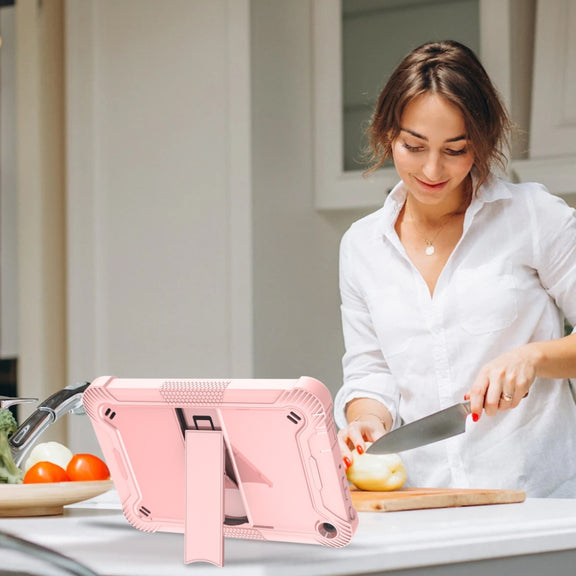 Silicone + PC Holder Shockproof Tablet Case For Amazon Kindle Fire HD 8 2022 / 2020 / HD 8 Plus 2020(Rose Gold)