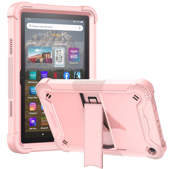 Silicone + PC Holder Shockproof Tablet Case For Amazon Kindle Fire HD 8 2022 / 2020 / HD 8 Plus 2020(Rose Gold)