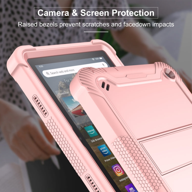 Silicone + PC Holder Shockproof Tablet Case For Amazon Kindle Fire HD 8 2022 / 2020 / HD 8 Plus 2020(Rose Gold)