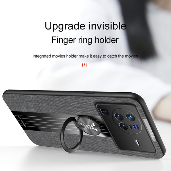For vivo X80 Pro XINLI Stitching Cloth Textue TPU Phone Case with Ring Holder(Grey)