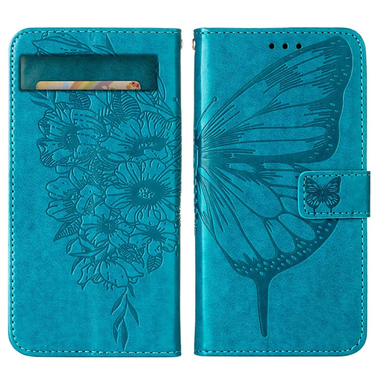 For Google Pixel 7a Embossed Butterfly Flip Leather Phone Case(Blue)