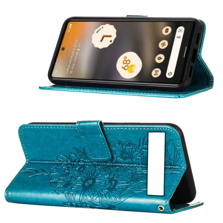 For Google Pixel 7a Embossed Butterfly Flip Leather Phone Case(Blue)