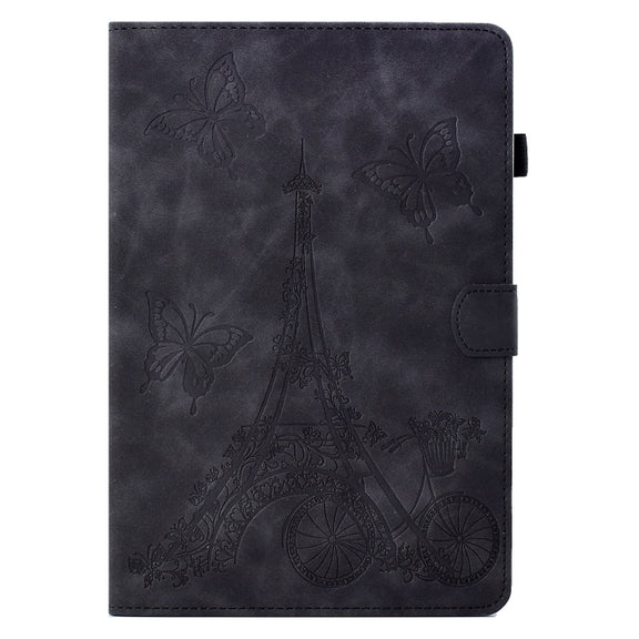 For Lenovo M10 Plus Tower Embossed Leather Smart Tablet Case(Black)