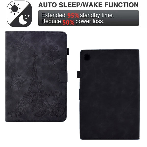 For Lenovo M10 Plus Tower Embossed Leather Smart Tablet Case(Black)