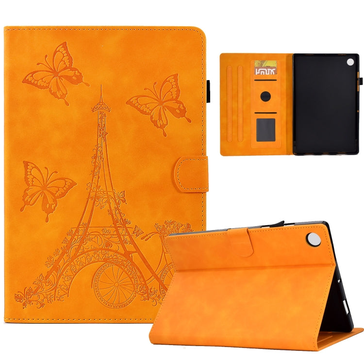 For Lenovo M10 Plus Tower Embossed Leather Smart Tablet Case(Khaki)