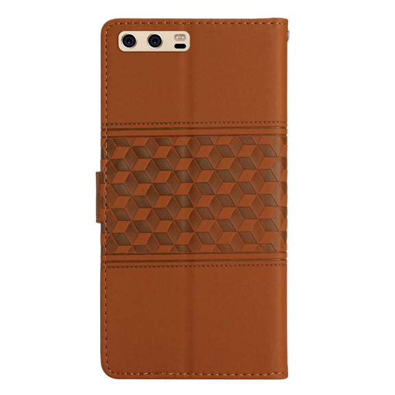 For Huawei P10 Plus Diamond Embossed Skin Feel Leather Phone Case with Lanyard(Brown)