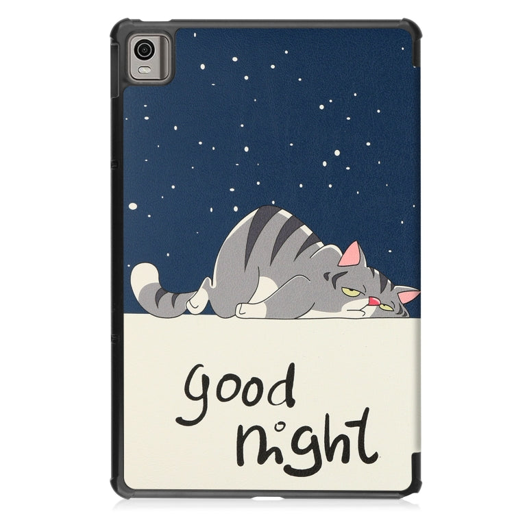 For Nokia T21 Custer Painted 3-Fold Holder Leather Smart Tablet Case(Lazy Cat)