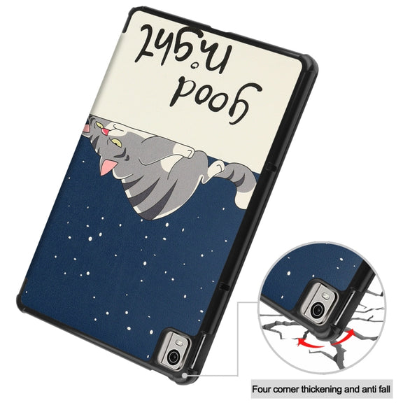 For Nokia T21 Custer Painted 3-Fold Holder Leather Smart Tablet Case(Lazy Cat)