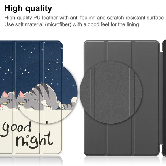 For Nokia T21 Custer Painted 3-Fold Holder Leather Smart Tablet Case(Lazy Cat)