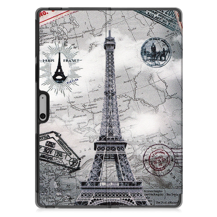 For Microsoft Surface Pro 9 Custer Painted 3-Fold Holder Leather Tablet Case(Retro Tower)