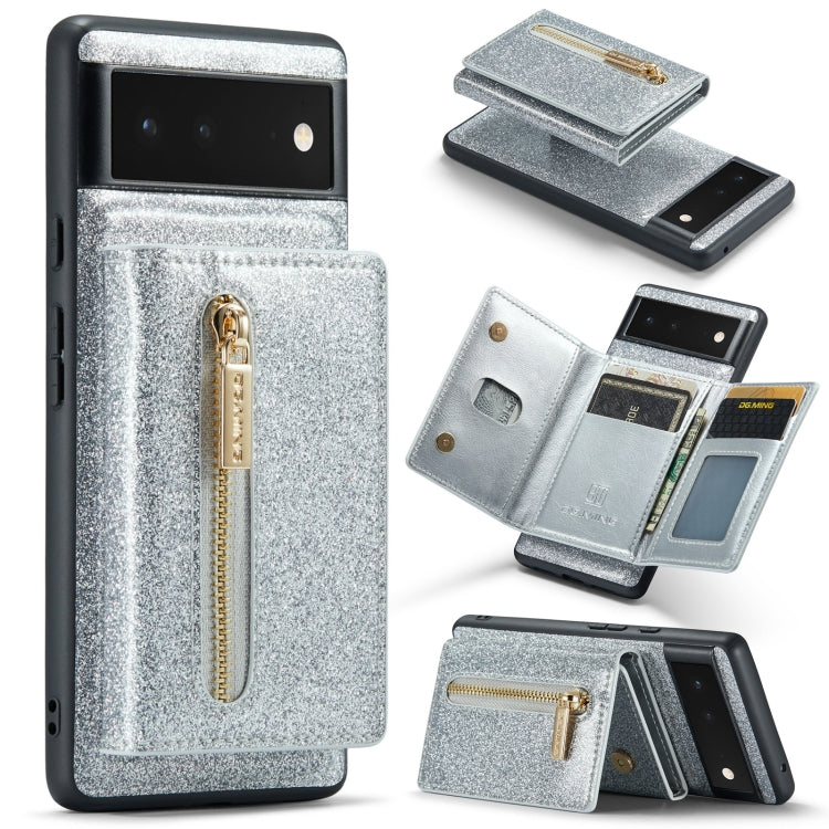 For Google Pixel 6a DG.MING M3 Series Glitter Powder Card Bag Leather Case(Silver)