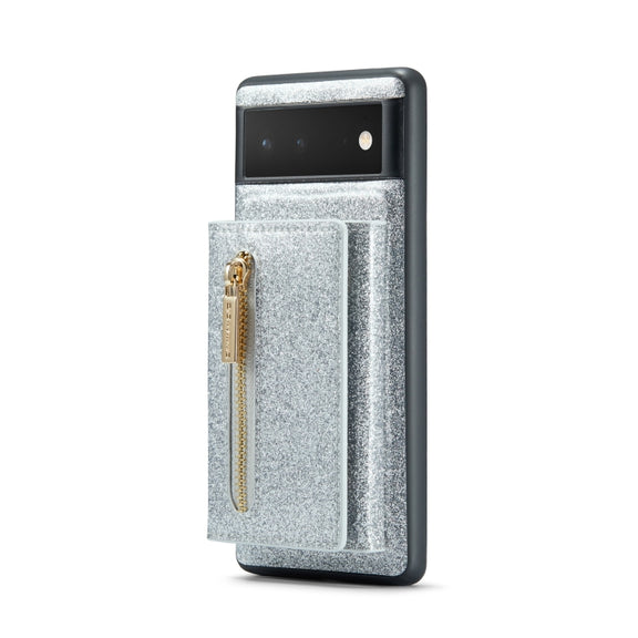 For Google Pixel 6a DG.MING M3 Series Glitter Powder Card Bag Leather Case(Silver)