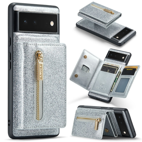 For Google Pixel 6a DG.MING M3 Series Glitter Powder Card Bag Leather Case(Silver)