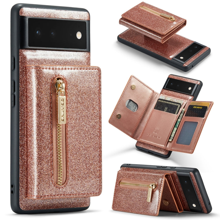 For Google Pixel 6a DG.MING M3 Series Glitter Powder Card Bag Leather Case(Rose Gold)