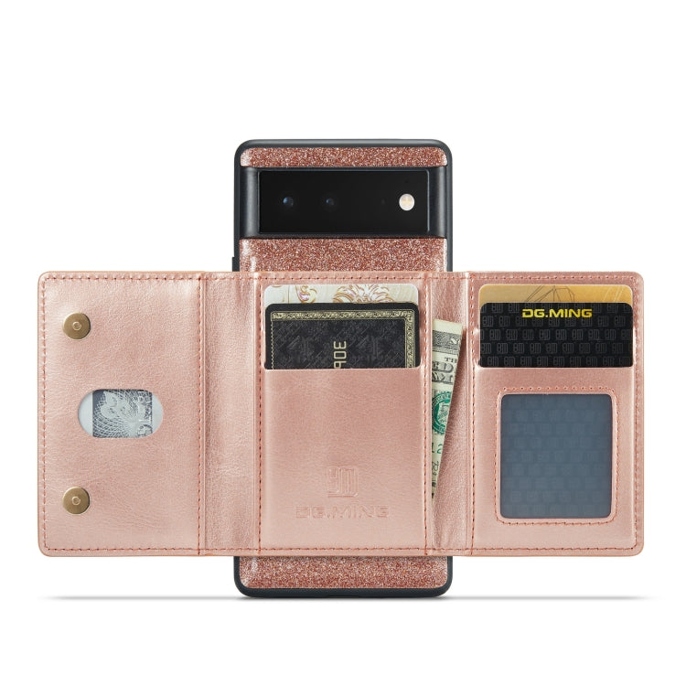 For Google Pixel 6a DG.MING M3 Series Glitter Powder Card Bag Leather Case(Rose Gold)