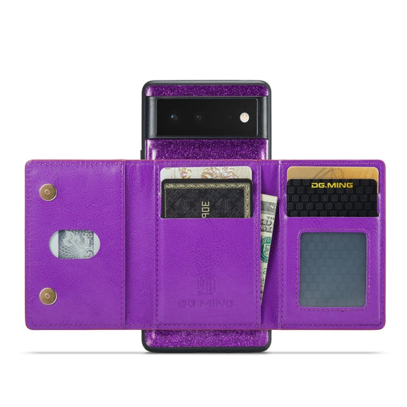 For Google Pixel 6a DG.MING M3 Series Glitter Powder Card Bag Leather Case(Dark Purple)