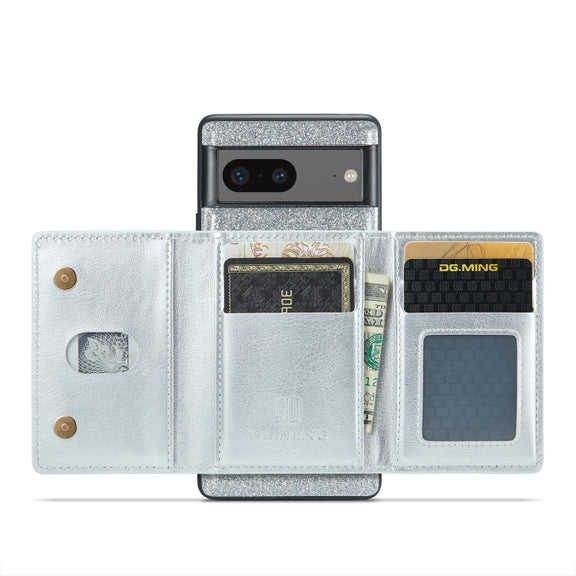 For Google Pixel 7 DG.MING M3 Series Glitter Powder Card Bag Leather Case(Silver)