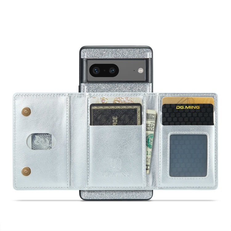 For Google Pixel 7 DG.MING M3 Series Glitter Powder Card Bag Leather Case(Silver)