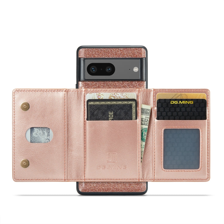 For Google Pixel 7 DG.MING M3 Series Glitter Powder Card Bag Leather Case(Rose Gold)