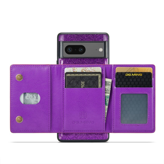 For Google Pixel 7 DG.MING M3 Series Glitter Powder Card Bag Leather Case(Dark Purple)
