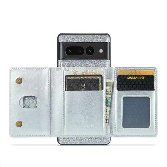 For Google Pixel 7 Pro DG.MING M3 Series Glitter Powder Card Bag Leather Case(Silver)
