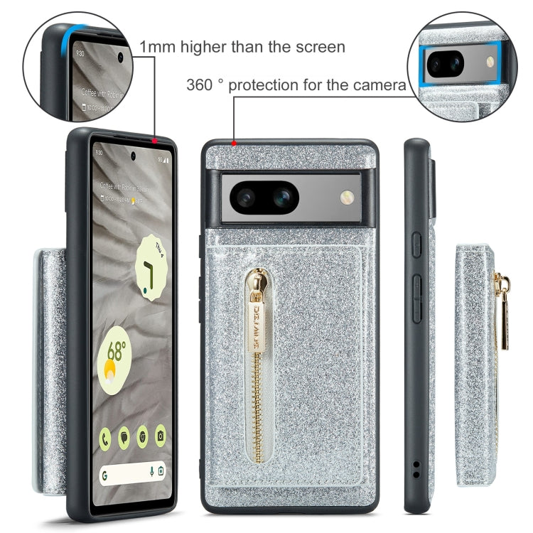 For Google Pixel 7A DG.MING M3 Series Glitter Powder Card Bag Leather Case(Silver)