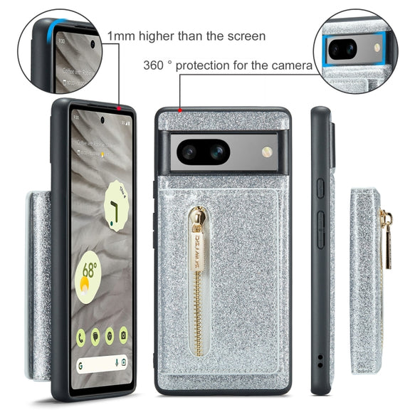 For Google Pixel 7A DG.MING M3 Series Glitter Powder Card Bag Leather Case(Silver)