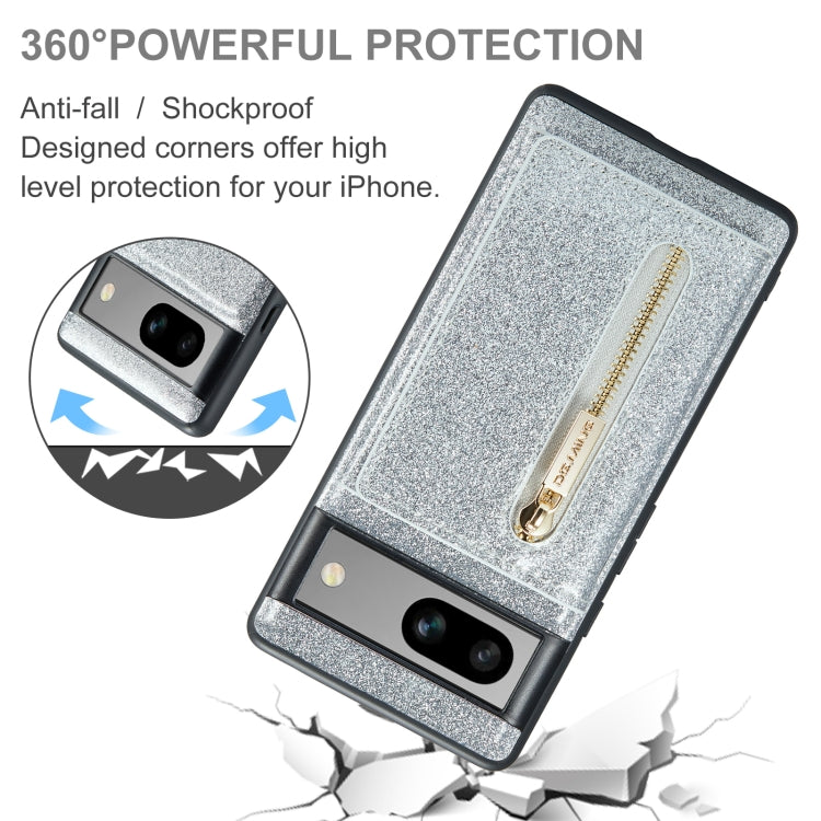 For Google Pixel 7A DG.MING M3 Series Glitter Powder Card Bag Leather Case(Silver)