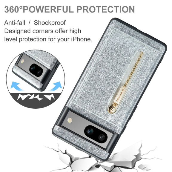 For Google Pixel 7A DG.MING M3 Series Glitter Powder Card Bag Leather Case(Silver)