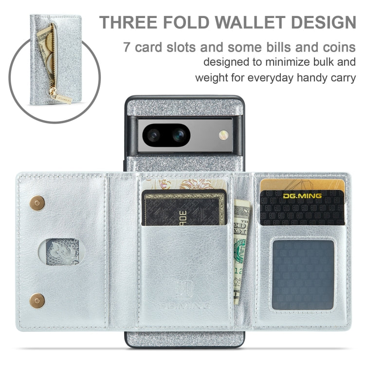 For Google Pixel 7A DG.MING M3 Series Glitter Powder Card Bag Leather Case(Silver)