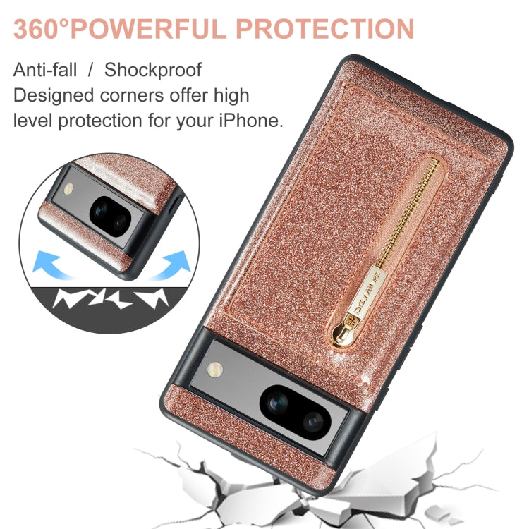 For Google Pixel 7A DG.MING M3 Series Glitter Powder Card Bag Leather Case(Rose Gold)