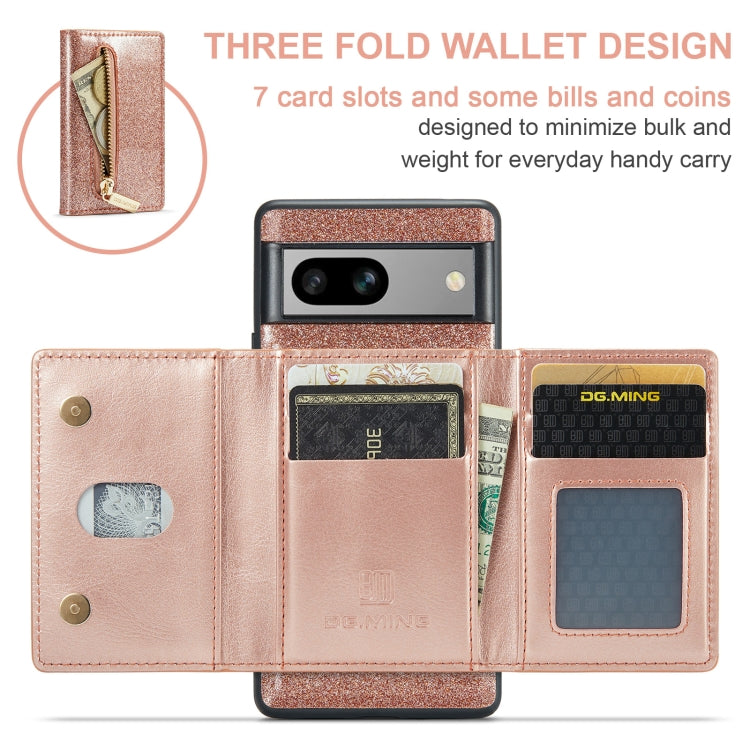 For Google Pixel 7A DG.MING M3 Series Glitter Powder Card Bag Leather Case(Rose Gold)
