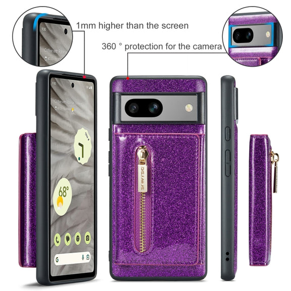 For Google Pixel 7A DG.MING M3 Series Glitter Powder Card Bag Leather Case(Dark Purple)