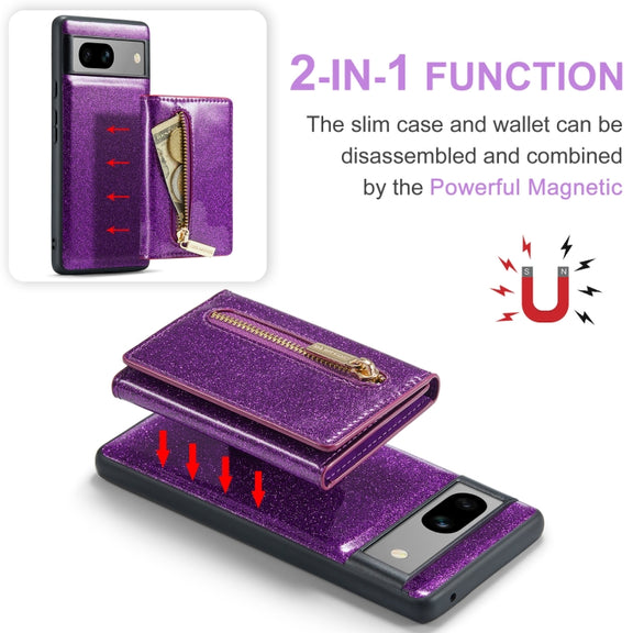 For Google Pixel 7A DG.MING M3 Series Glitter Powder Card Bag Leather Case(Dark Purple)