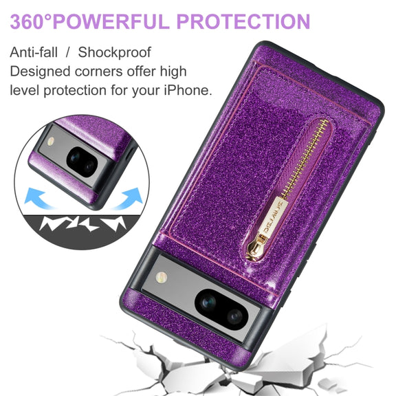 For Google Pixel 7A DG.MING M3 Series Glitter Powder Card Bag Leather Case(Dark Purple)