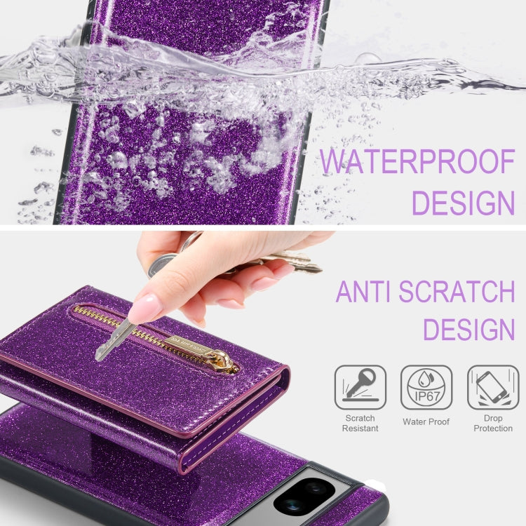 For Google Pixel 7A DG.MING M3 Series Glitter Powder Card Bag Leather Case(Dark Purple)
