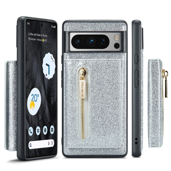 For Google Pixel 8 Pro DG.MING M3 Series Glitter Powder Card Bag Leather Case(Silver)