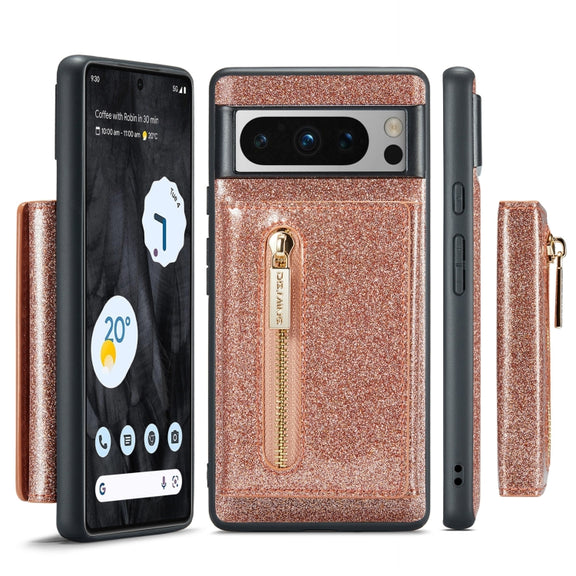 For Google Pixel 8 Pro DG.MING M3 Series Glitter Powder Card Bag Leather Case(Rose Gold)