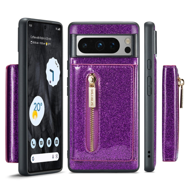 For Google Pixel 8 Pro DG.MING M3 Series Glitter Powder Card Bag Leather Case(Dark Purple)