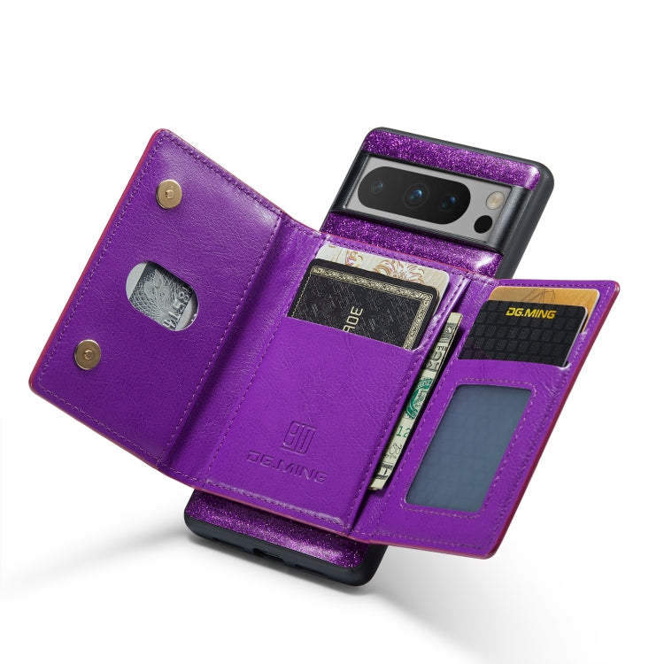 For Google Pixel 8 Pro DG.MING M3 Series Glitter Powder Card Bag Leather Case(Dark Purple)