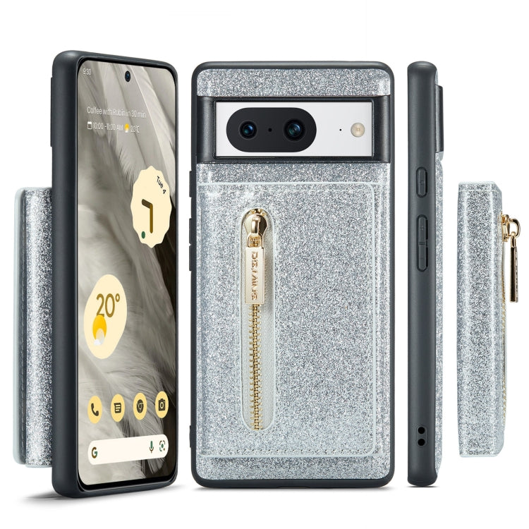 For Google Pixel 8 DG.MING M3 Series Glitter Powder Card Bag Leather Case(Silver)