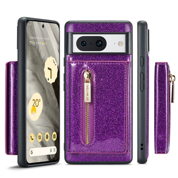 For Google Pixel 8 DG.MING M3 Series Glitter Powder Card Bag Leather Case(Dark Purple)