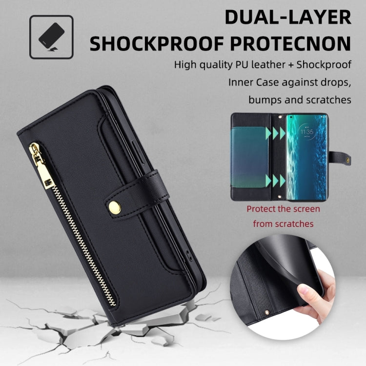 For Motorola Edge Sheep Texture Cross-body Zipper Wallet Leather Phone Case(Black)