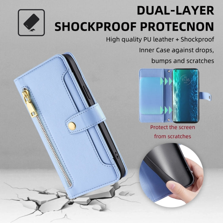 For Motorola Edge Sheep Texture Cross-body Zipper Wallet Leather Phone Case(Blue)