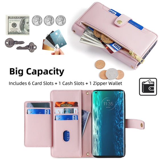For Motorola Edge Sheep Texture Cross-body Zipper Wallet Leather Phone Case(Pink)