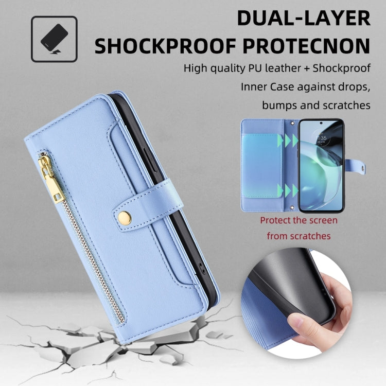 For Motorola Moto G72 4G Sheep Texture Cross-body Zipper Wallet Leather Phone Case(Blue)