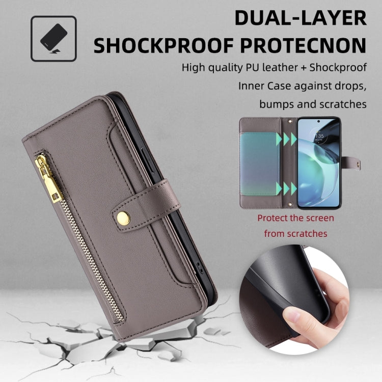 For Motorola Moto G72 4G Sheep Texture Cross-body Zipper Wallet Leather Phone Case(Grey)